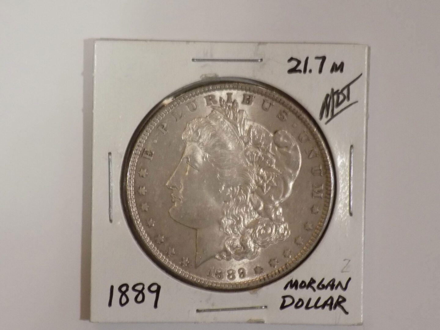 A silver morgan dollar in a box.