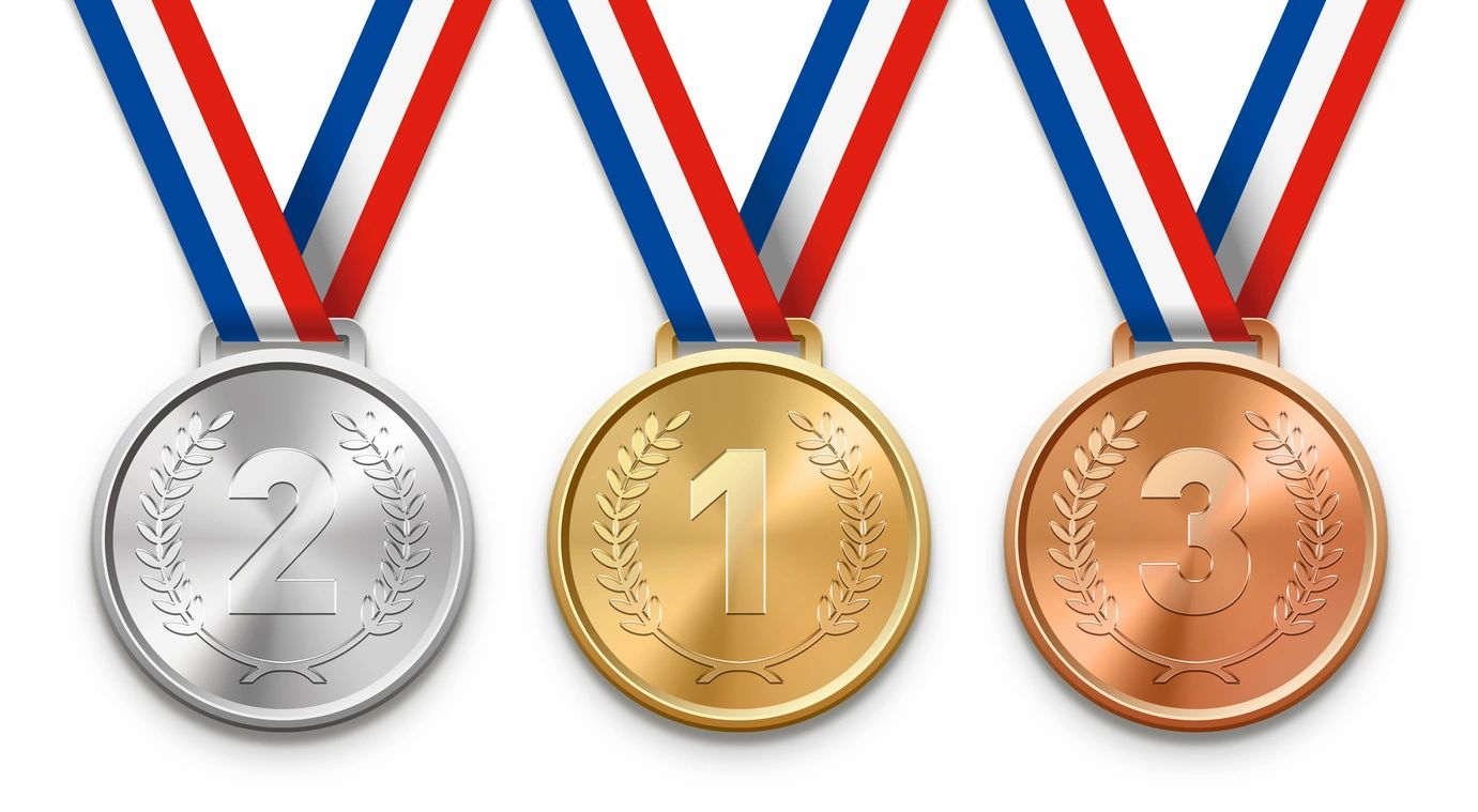 Three gold, silver and bronze medals on a white background.