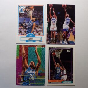 A set of Del Curry basketball cards with a player in the air.