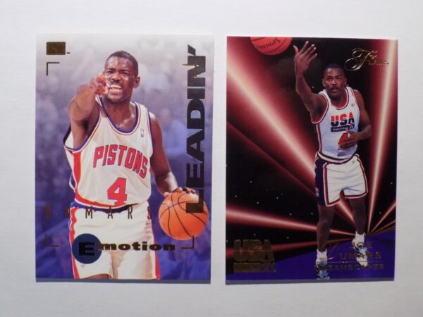 A pair of Dumars, Joe basketball cards with two players on them.