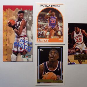 A group of Patrick Ewing basketball cards with different players on them.