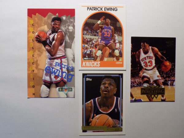 A group of Patrick Ewing basketball cards with different players on them.