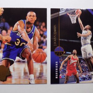 A pair of Harris, Lucious basketball cards with a player in the air.