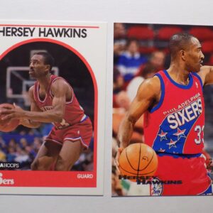 Philadelphia 76ers Hersey Hawkins basketball cards.