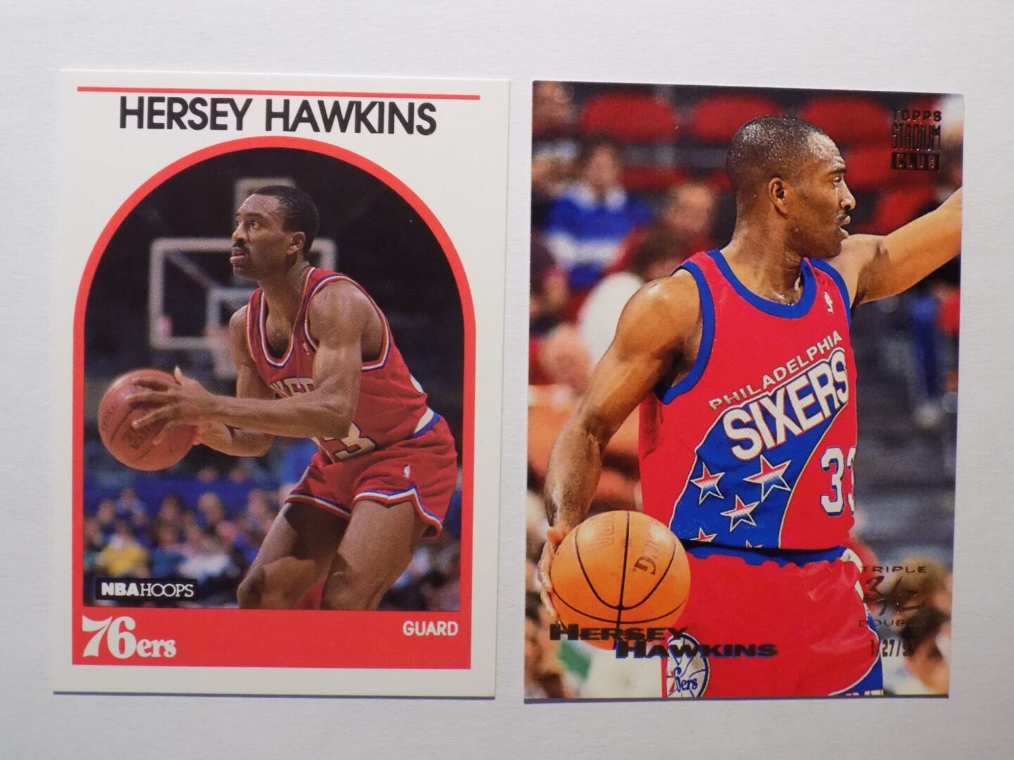 Philadelphia 76ers Hersey Hawkins basketball cards.