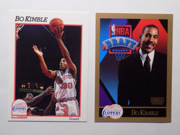 A pair of basketball cards with a picture of Bo Kimble.