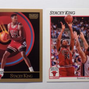 A pair of basketball cards with King, Stacey on one side and King, Stacey on the other.