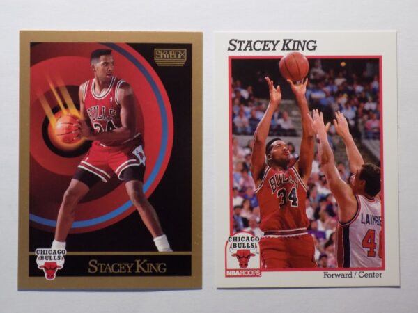 A pair of basketball cards with King, Stacey on one side and King, Stacey on the other.