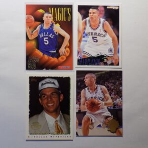 A group of Jason Kidd basketball cards with a man in a uniform.