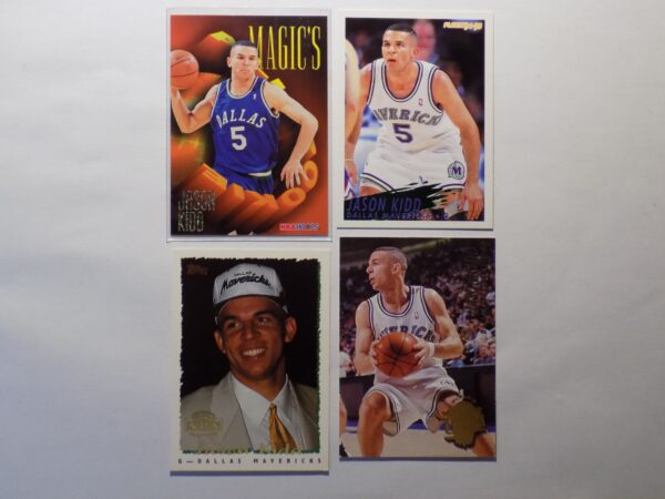 A group of Jason Kidd basketball cards with a man in a uniform.