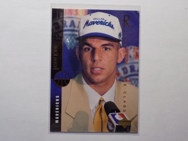 A Jason Kidd basketball card with a man in a hat.