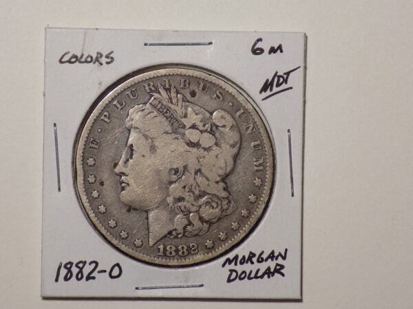 1882 Morgan silver dollar coin.