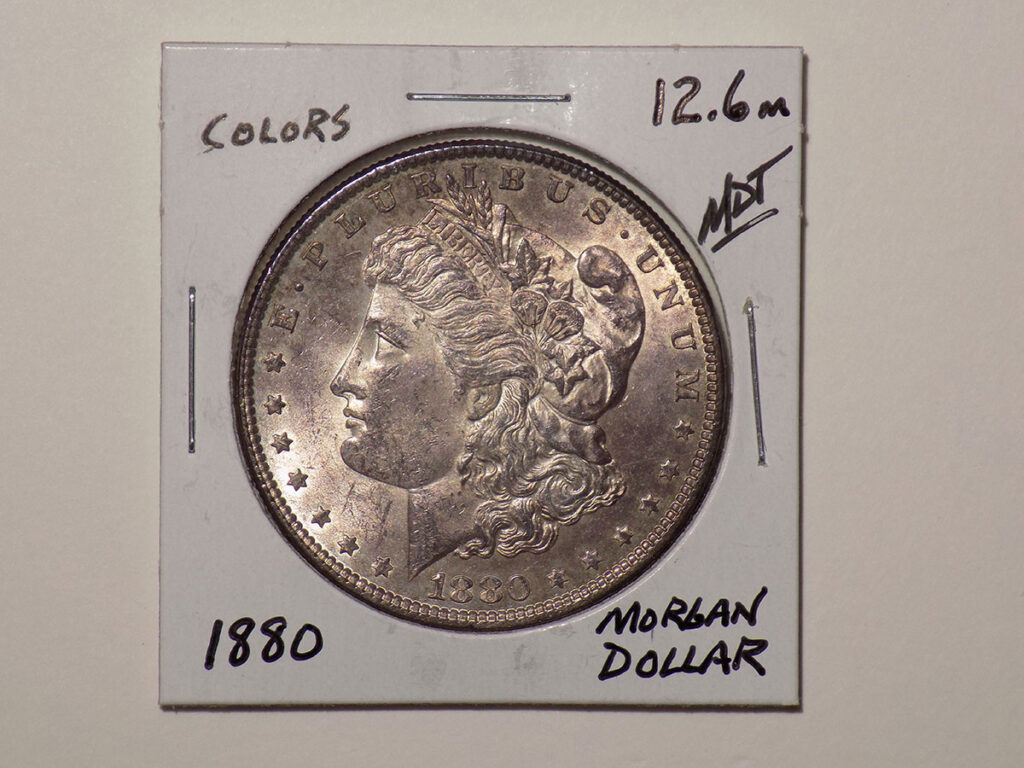 1880 Morgan silver dollar coin.