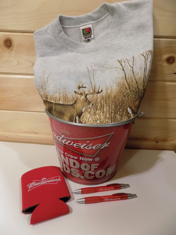 Budweiser Bucket, pens, koozie, Buck Cornfield