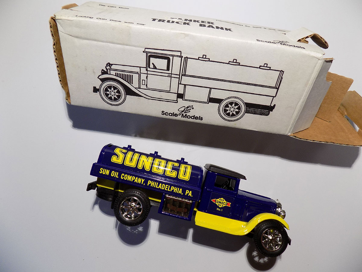 Blue Sunoco tanker truck toy in box.