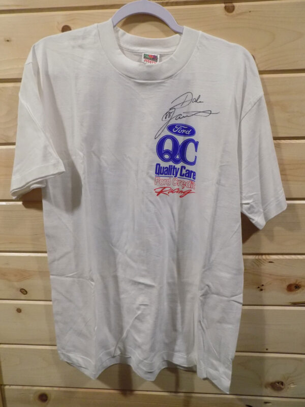 White Ford Quality Care Racing T-shirt with signature.