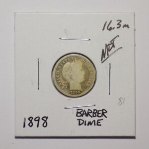 1898 Barber Dime coin on white background.