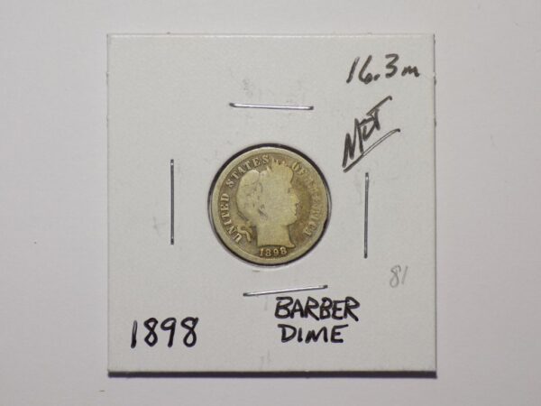 1898 Barber Dime coin on white background.