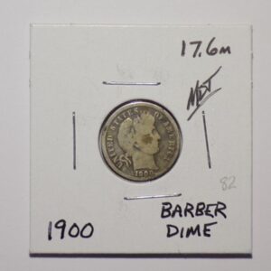 1900 Barber dime coin on white card.