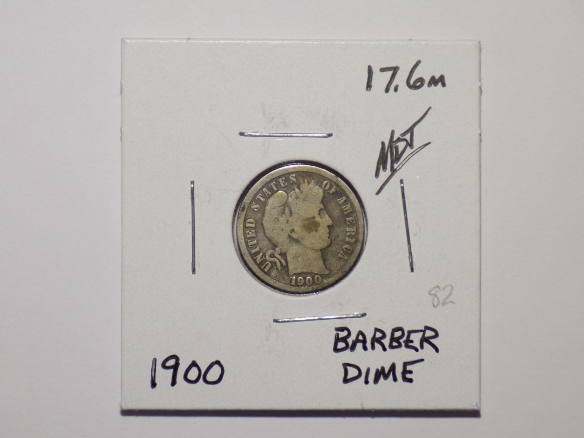 1900 Barber dime coin on white card.