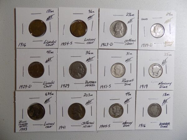 Collection of US coins in protective sleeves.