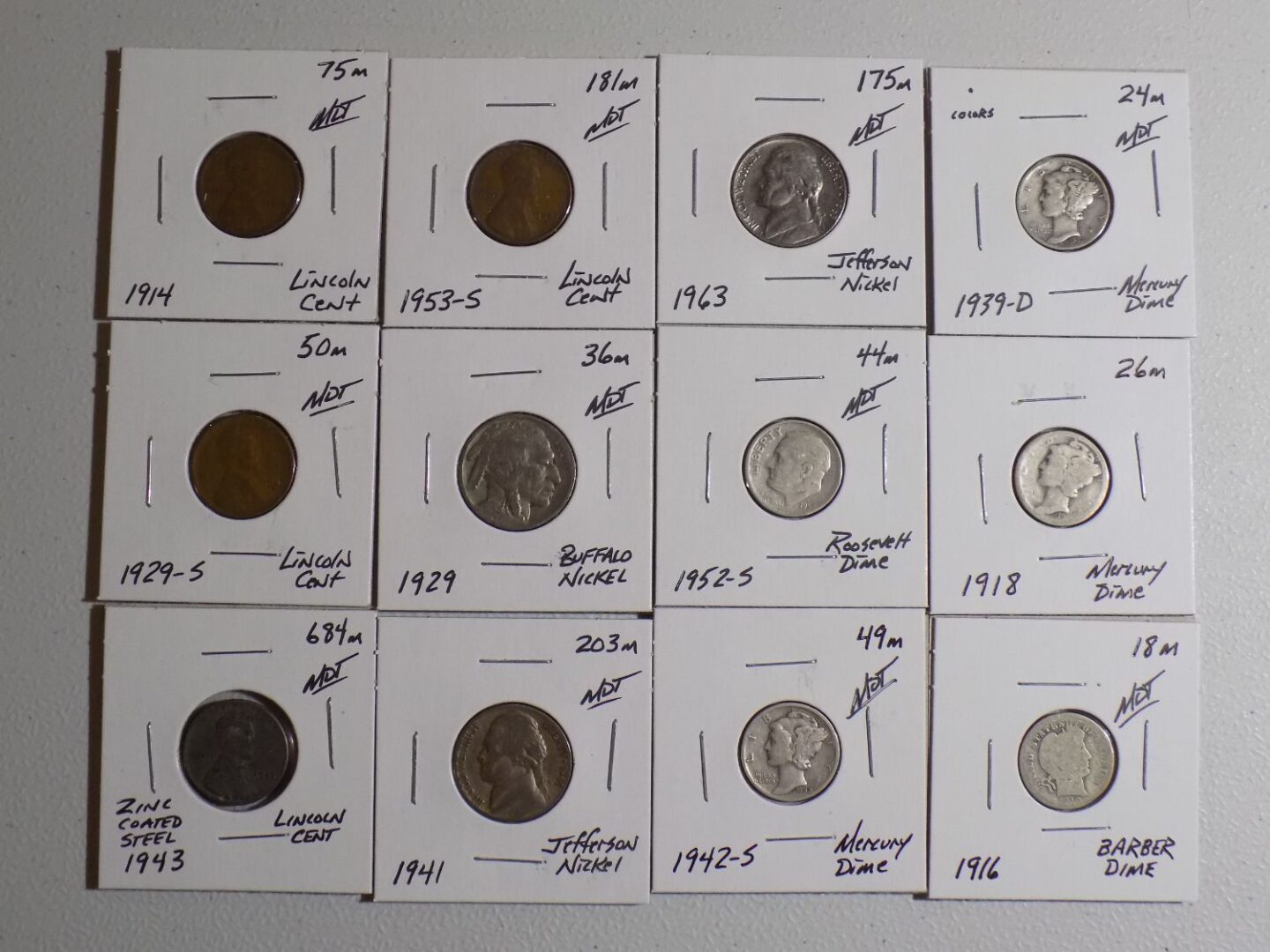 Collection of US coins from 1914 to 1943.