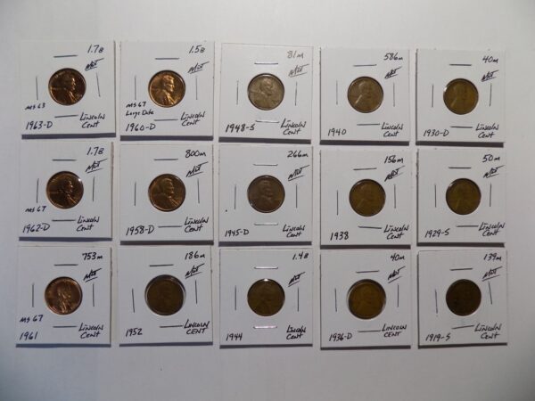 Collection of Lincoln Wheat pennies in slabs.