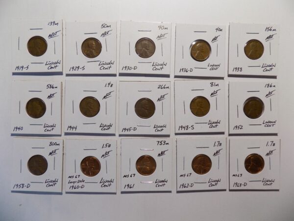 Collection of Lincoln penny coins.