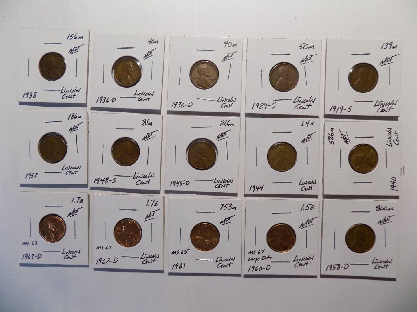 Collection of Lincoln US one-cent coins.