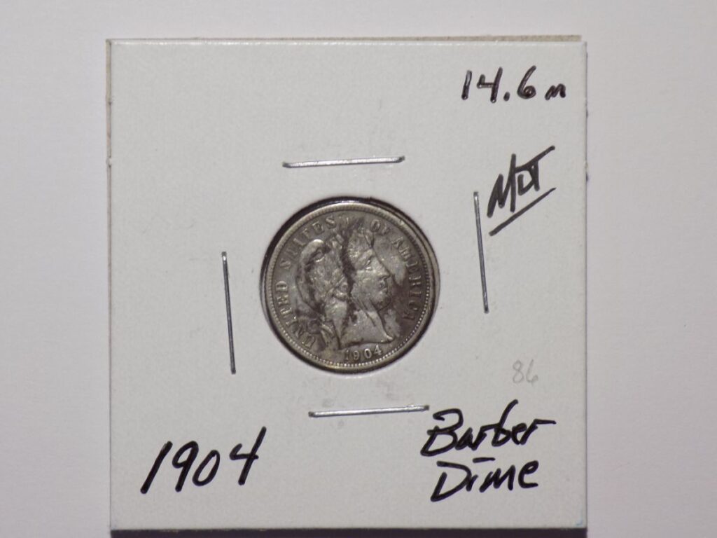 1904 Barber dime coin obverse.