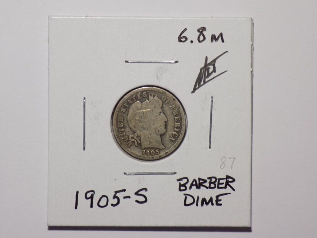 1905-S Barber Dime coin on white background.