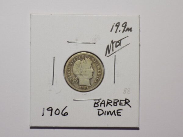 1906 Barber dime coin, obverse.