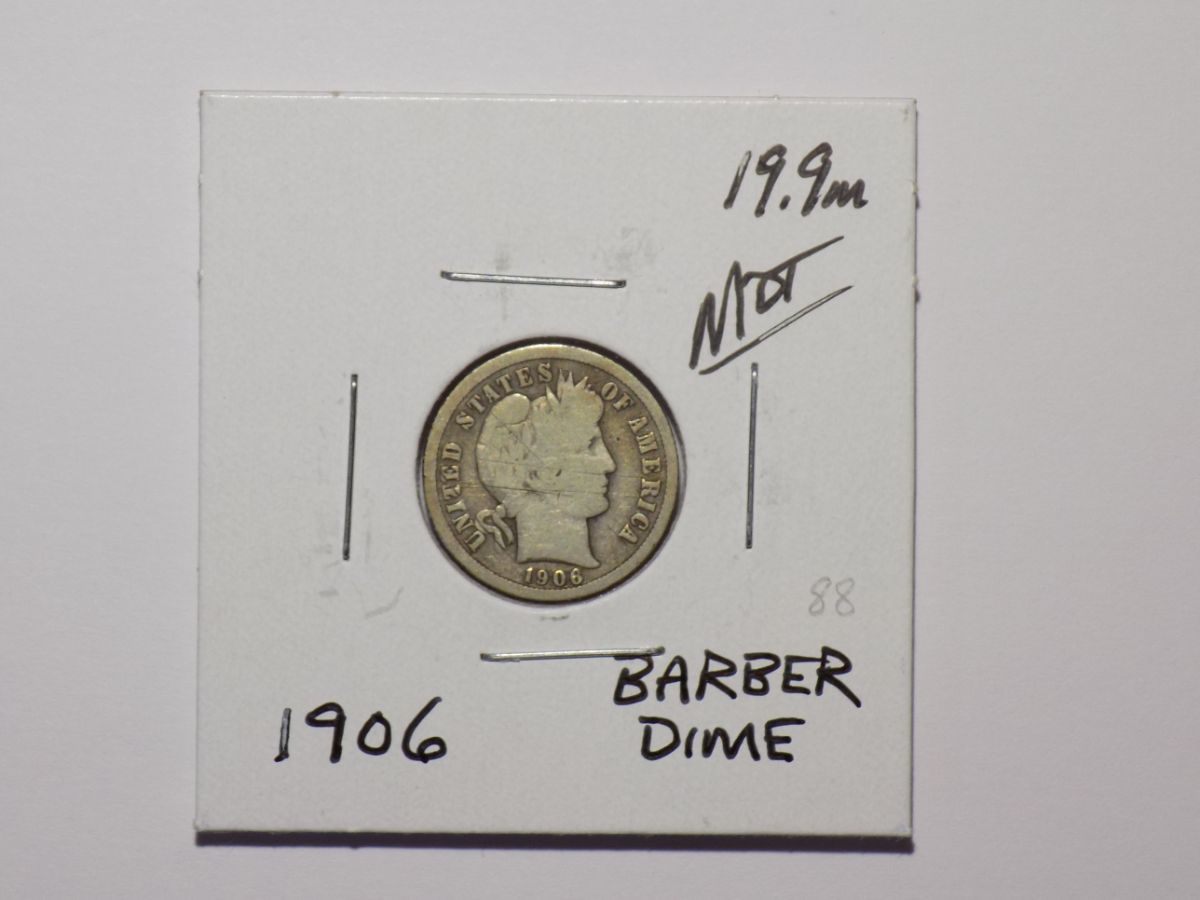 1906 Barber dime coin, obverse.