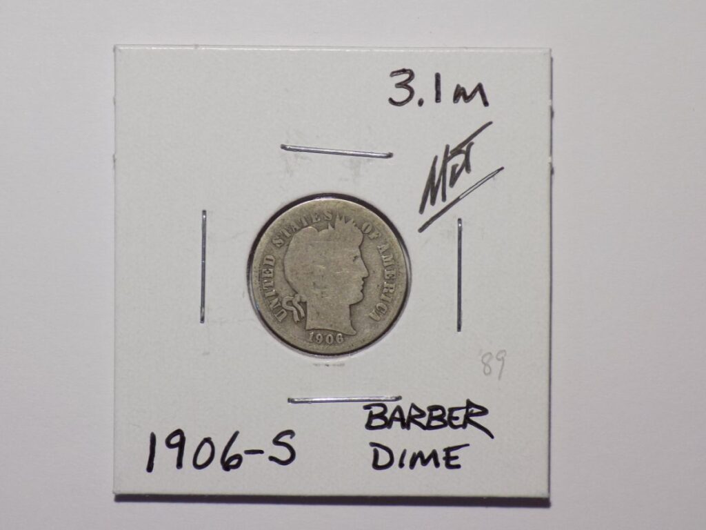 1906-S Barber dime coin obverse.