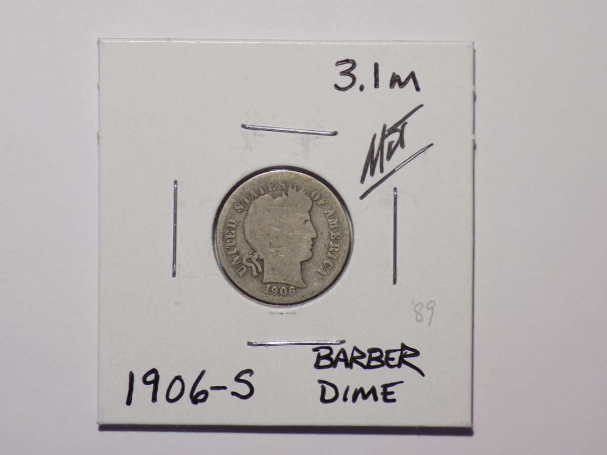 1906-S Barber dime coin obverse.