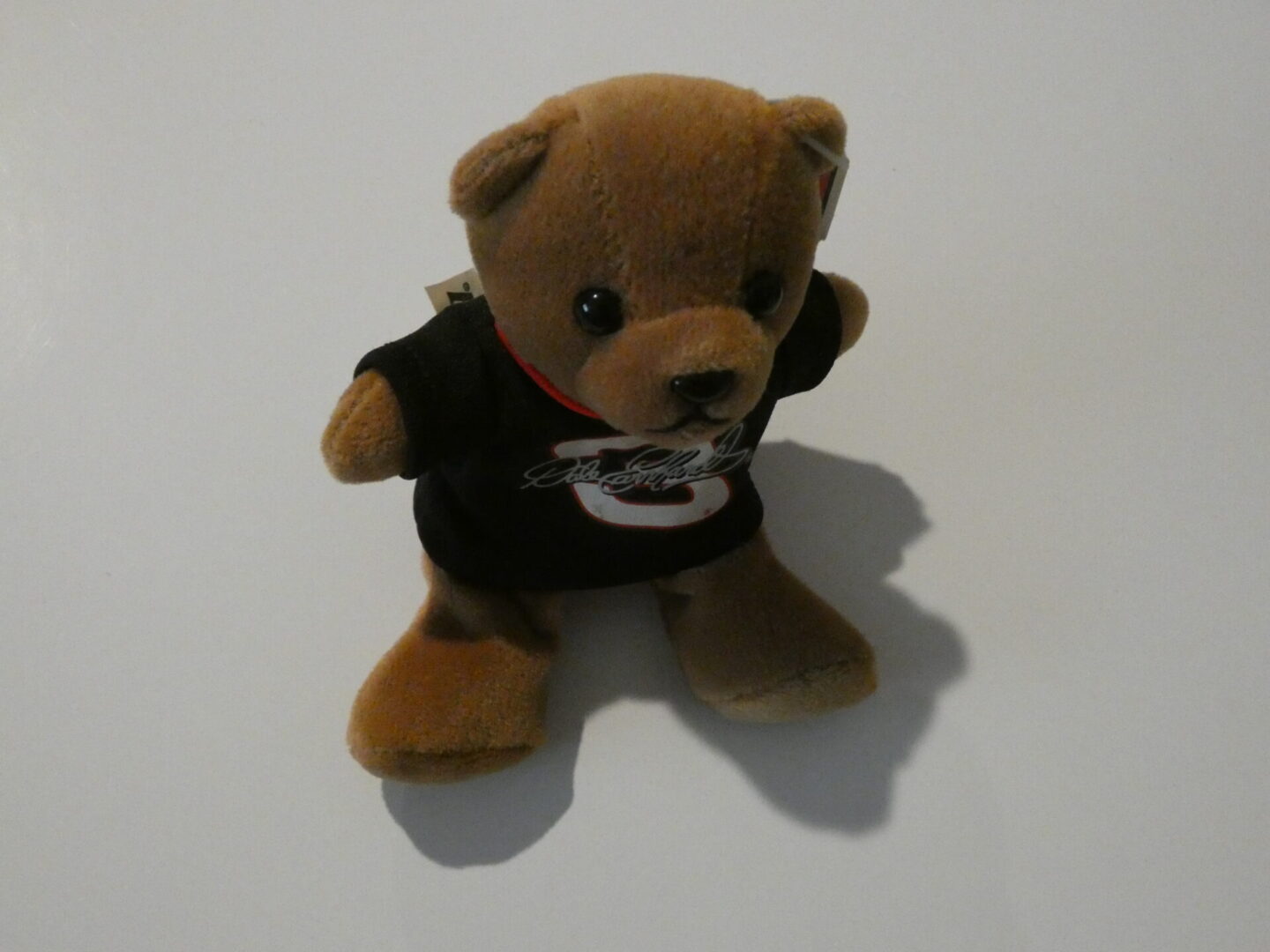 Brown teddy bear wearing a black shirt