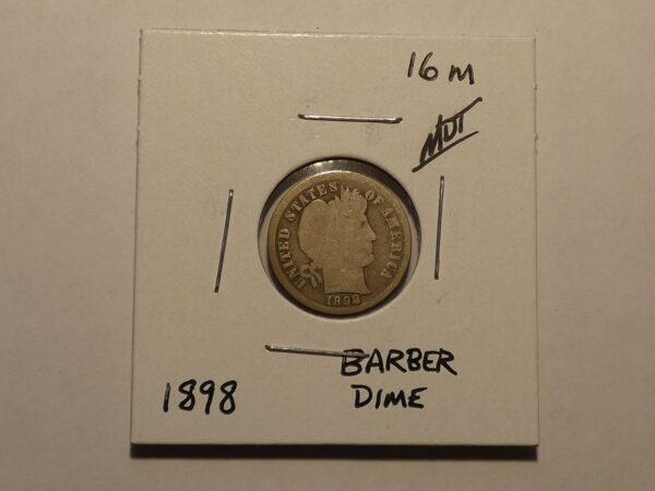 1898 Barber dime coin on white card.