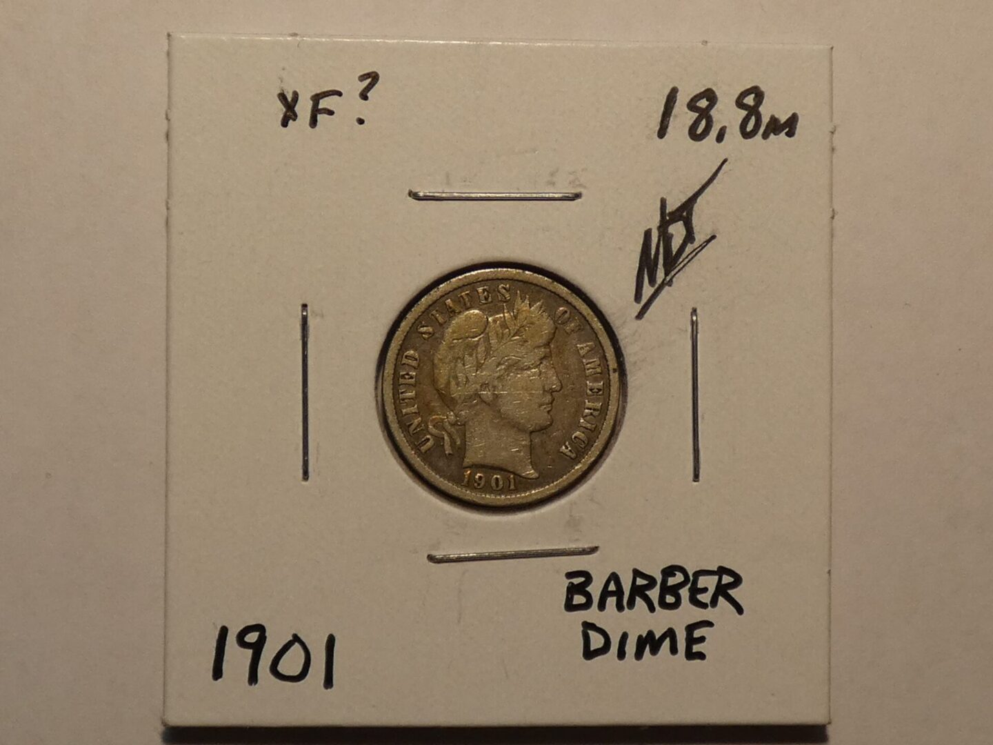 1901 Barber dime coin, front side.