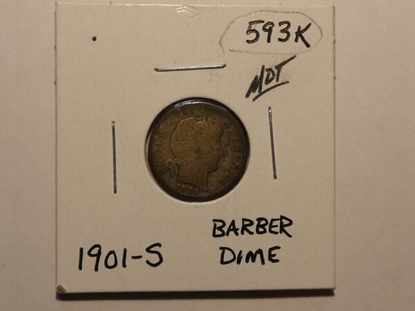 1901-S Barber dime coin in holder.