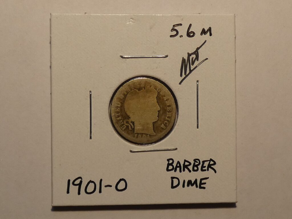 1901 Barber dime coin, obverse side.