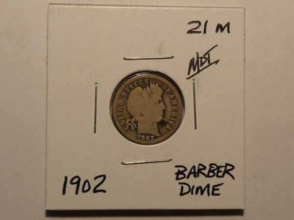 1902 Barber dime coin in holder.