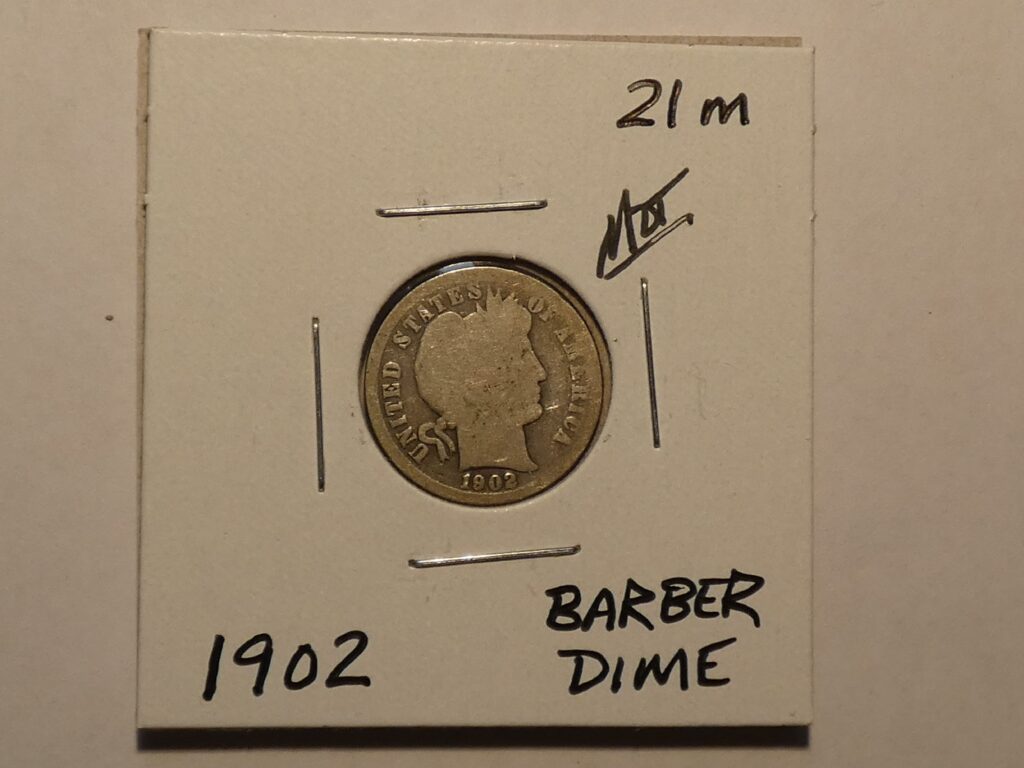 1902 Barber dime coin in holder.