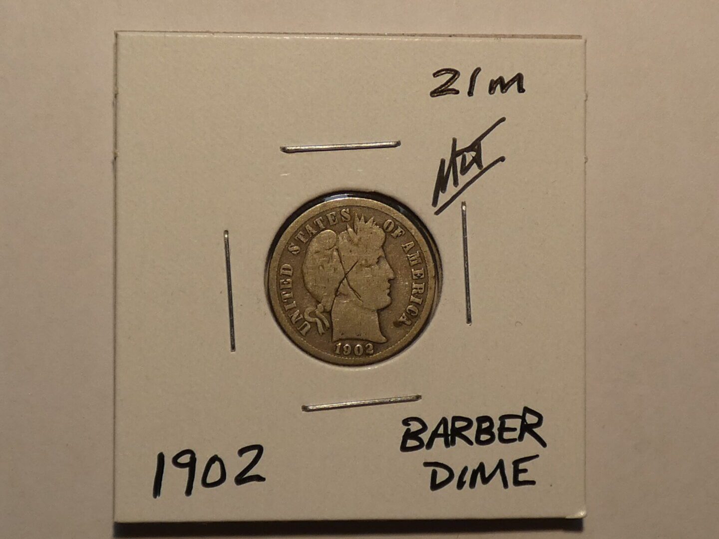 1902 Barber dime coin, United States.