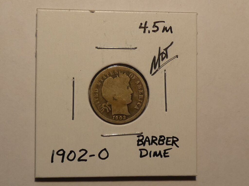 1902 Barber dime coin, obverse.