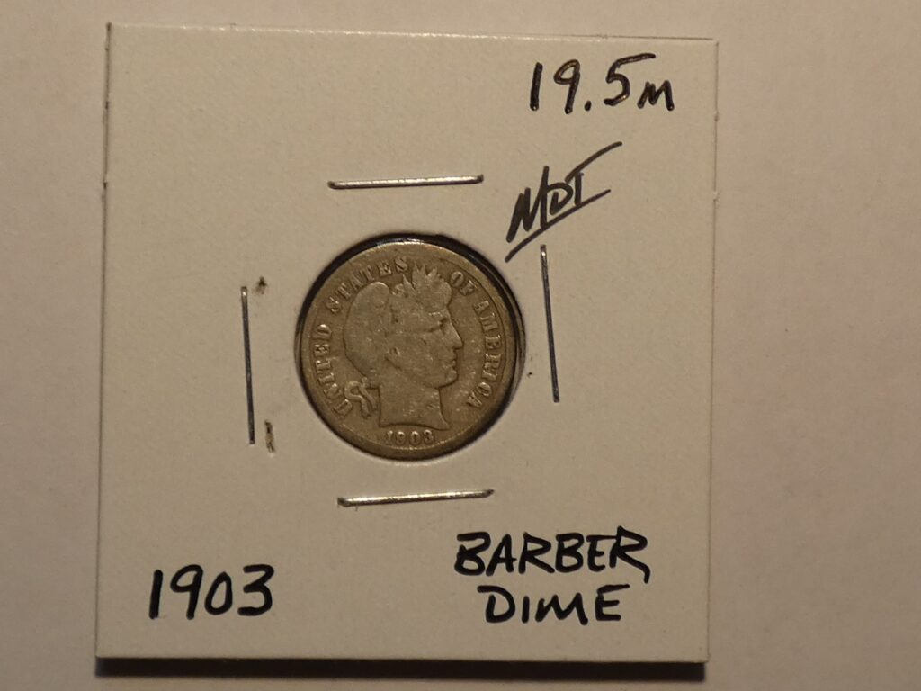 1903 Barber dime coin on white background.