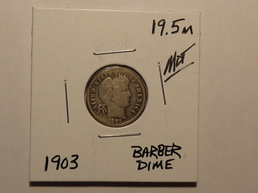 1903 Barber dime coin on white card.