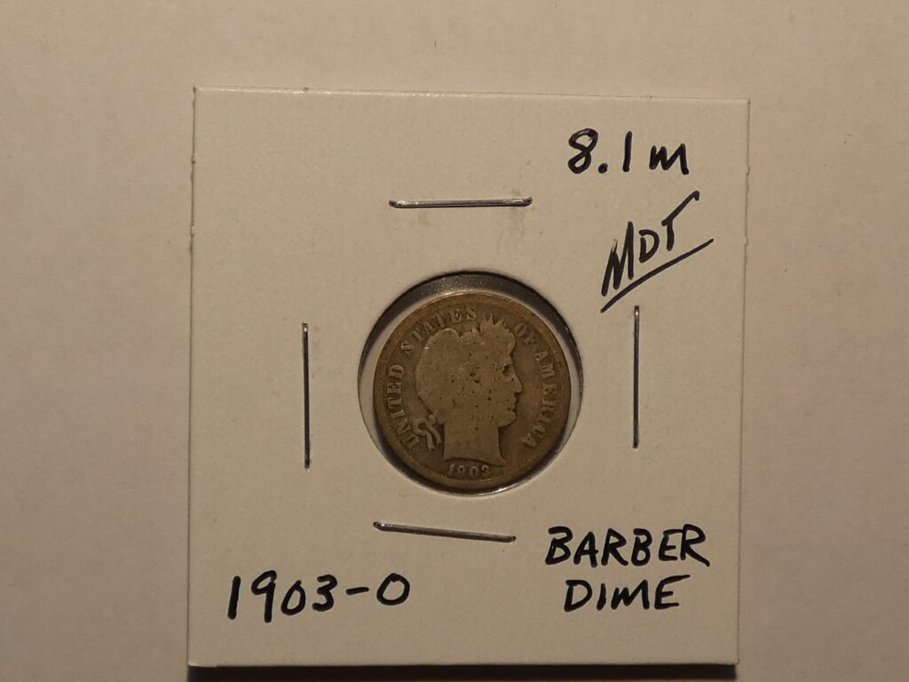 1903 Barber Dime coin in holder.