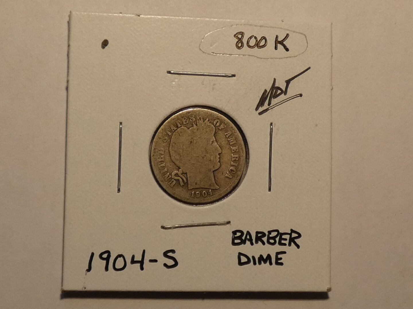 1904-S Barber Dime coin in holder.