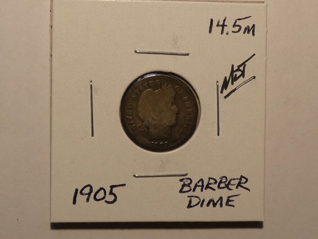 1905 Barber dime coin in holder.