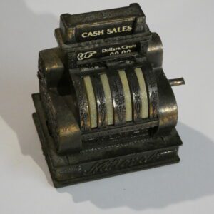 Antique black metal cash register model.